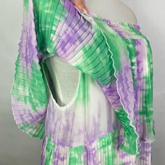 Entro | NWT Boutique Green & Purple Tie Dye Off the Shoulder Pleated Layered Top - Picture 7 of 10